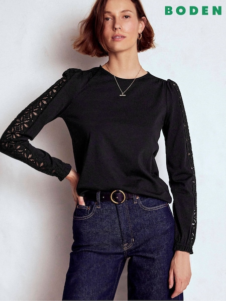 Boden Black Scarlett Broderie Trim Blouse (V01799) | £49