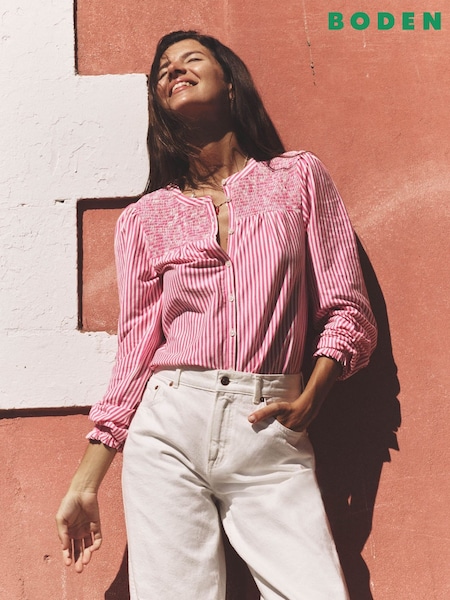 Boden Pink Elsa Smocked Yoke Jersey Shirt (V01842) | £65