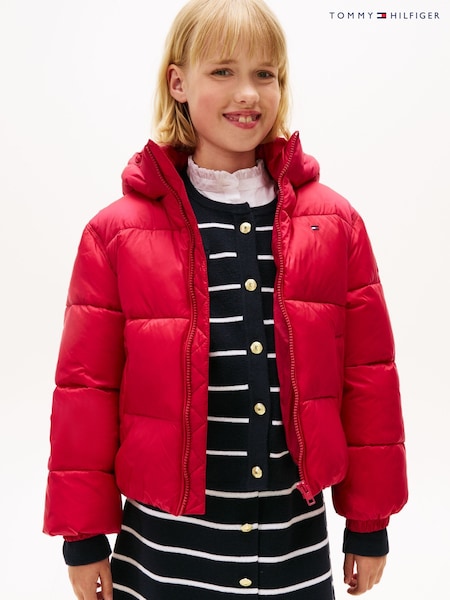 Tommy Hilfiger Red Shiny Relaxed Hooded Puffer Jacket (V02225) | £120 - £140