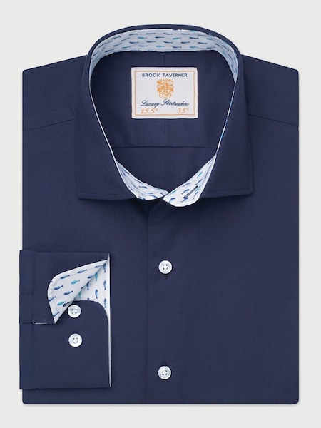 Brook Taverner Blue Herringbone Stretch Cotton Shirt (V02282) | £50