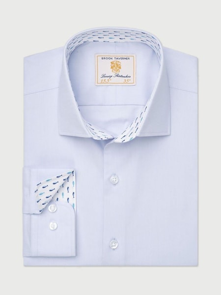 Brook Taverner Blue Herringbone Stretch Cotton Shirt (V02289) | £50