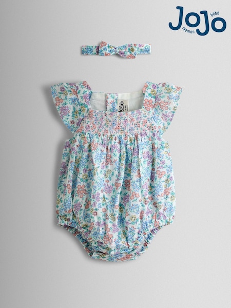 JoJo Maman Bébé Cream Floral Smocked Bubble Romper and Headband Set (V02458) | £25 - £26