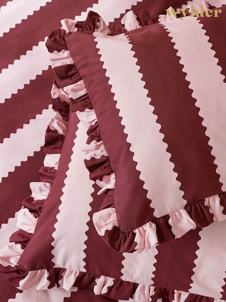 Wylder BurgundyBlossom Birdie Stripe Ruffle Pillowcases Pair (V02537) | £22