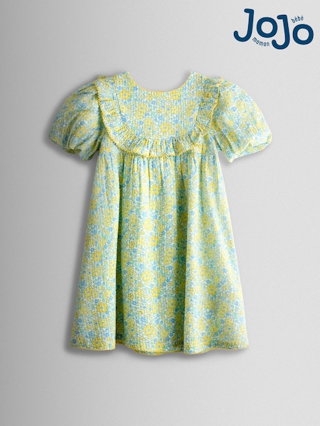 JoJo Maman Bébé Light Yellow Floral Seersucker Puff Sleeve Dress (V02668) | £24 - £27