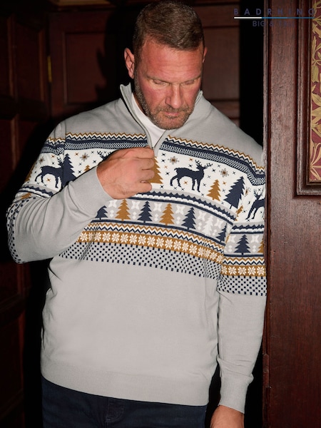BadRhino Big & Tall Grey Stag Quarter Zip Fairisle Jumper (V02700) | £34