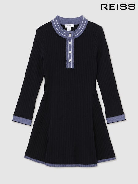 Reiss Navy Rudy 13-14 yrs Contrast-Trim Rib-Knit Skater Dress (V02715) | £78