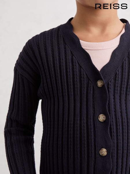 Reiss Navy Seren 9-13 yrs Rib-Knit Pointelle Cardigan (V02731) | £46