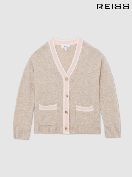 Reiss Neutral Eloise 13-14 yrs Wool-Blend Tipped Cardigan with Cashmere (V02735) | £48