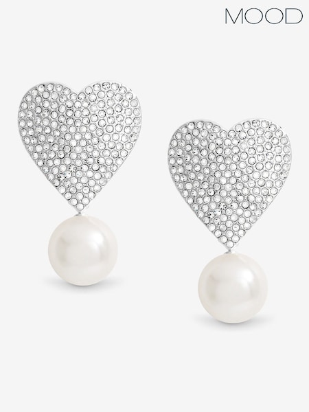 Mood Silver Tone Crystal Heart With Pearl Drop Statement Earrings (V02805) | £17