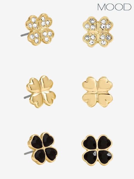 Mood Gold Tone Jet Crystal Clover Stud Earrings Pack of 3 (V02810) | £17
