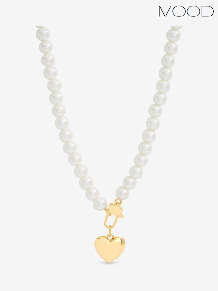 Mood Gold Tone Cream Pearl Polished Padlock Short Necklace (V03094) | £22