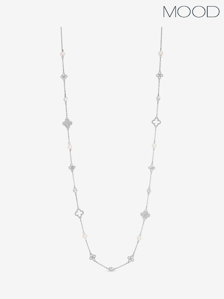 Mood Silver Tone Crystal Mother of Pearl Clover Station Long Necklace (V03095) | £25