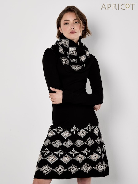 Apricot Black Aztec Diamond Jacquard Knit Dress With Snood (V03309) | £55