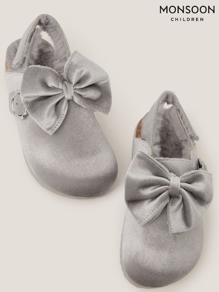 Monsoon Silver Sparkly Velour Bow Clogs (V03343) | £26 - £30