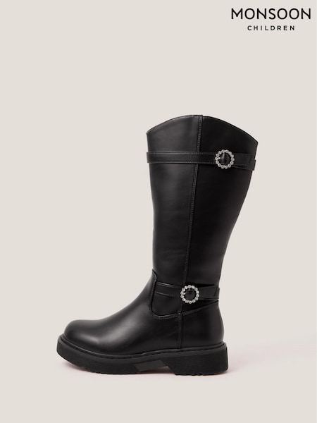 Monsoon Black Diamante Buckle Knee High Boots (V03351) | £42 - £46