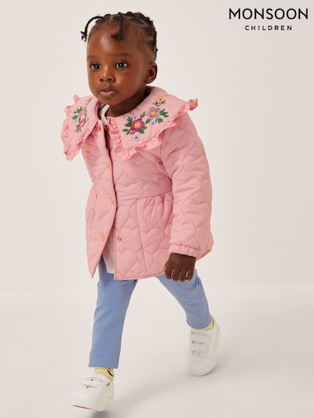 Monsoon Pink Baby Embroidered Heart Quilted Coat (V03353) | £45 - £48