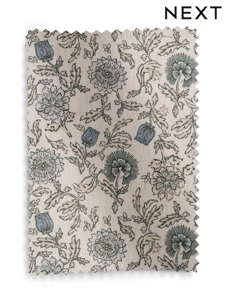 Blue Woodblock Floral Print Relaxed Linen Look Upholstery Swatch (V03607) | £0