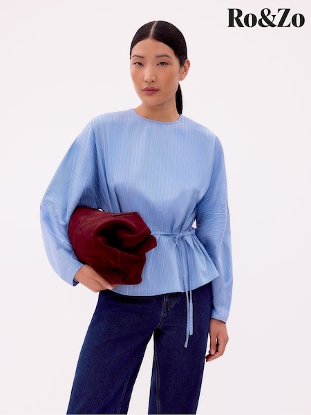 Ro&Zo Blue Stripe Tie Waist Blouse (V03950) | £69