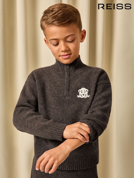 Reiss Chocolate Brown Curtis 3-9 yrs Monogram Relaxed Half-Zip Jumper Wool-Blend Unisex Fit (V04075) | £42