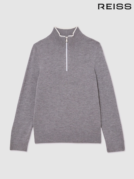 Reiss Grey/White Kip 13-14 yrs Half-Zip Funnel-Neck Jumper with Wool (V04084) | £50
