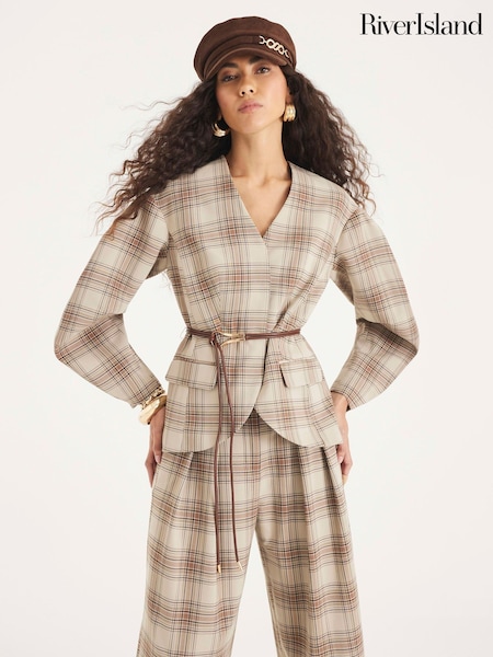 River Island Brown Belted Check Cocoon Sleeve Blazer (V04232) | £69