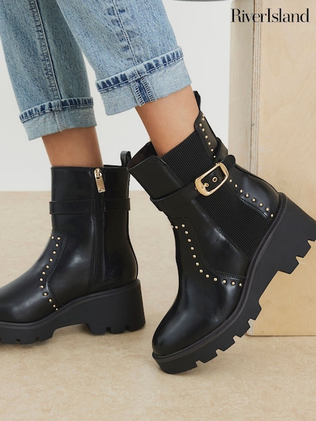 River Island Black Studded Buckle Wedge Boots (V04248) | £49