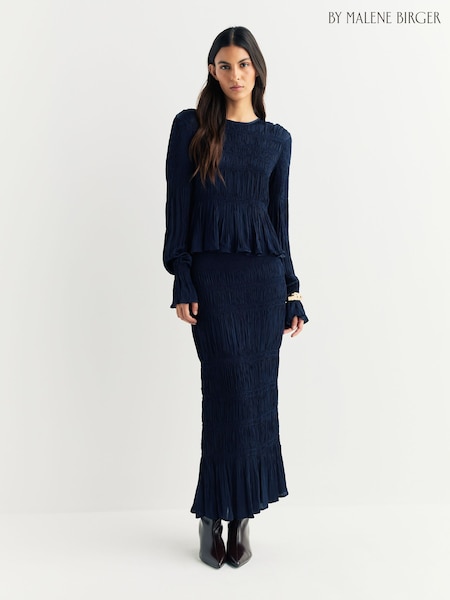By Malene Birger Blue Night Sky Ilona Smocked Tiered Midi Skirt (V04301) | £270