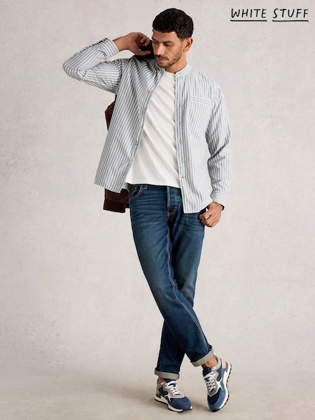 White Stuff Blue Alnwick Grandad Stripe Shirt (V04445) | £55