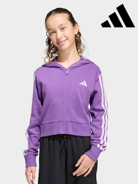 adidas Light Purple Essentials 3-Stripes Crop Zip Kids Hoodie (V04644) | £33
