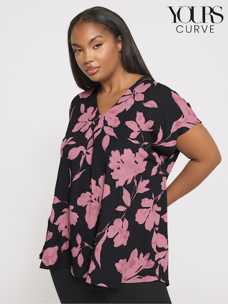Yours Curve Black Floral Textured Pleated Front Top (V04782) | £24