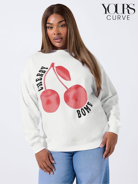 Yours Curve White Limited Studded Cherry Bomb Sweatshirt (V04784) | £29