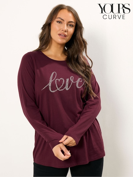 Yours Curve Red Long Sleeve Placement Core T-Shirt (V04798) | £20