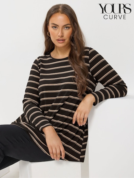 Yours Curve Black Long Sleeve Stripe Ribbed Swing T-Shirt (V04802) | £26