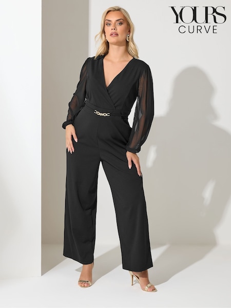 Yours Curve Black London Mesh Sleeve Buckle Jumpsuit (V04816) | £57