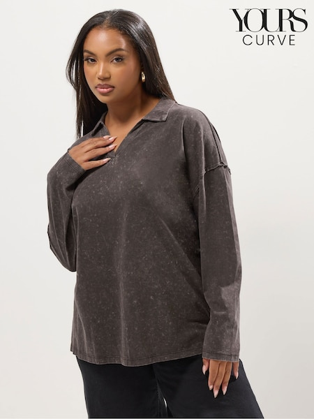 Yours Curve Brown Acid Wash Rugby Collar Top (V04820) | £22