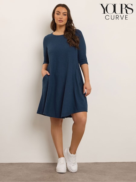 Yours Curve Blue Ribbed Drape Pocket Dress (V04872) | £31