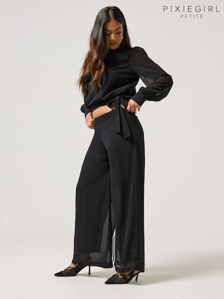 PixieGirl Petite Black Chiffon Palazzo Trousers (V04955) | £34