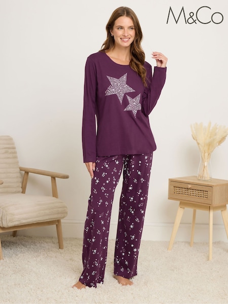 M&Co Purple Starry Night Long Sleeve Wide Leg Pyjamas Set (V04960) | £26