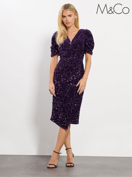 M&Co Purple Petite Sequin Velvet Wrap Dress (V04973) | £54