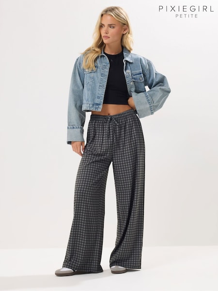 PixieGirl Petite Grey Crinkle Wide Leg Trousers (V04974) | £34