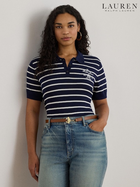 Lauren Ralph Lauren Blue Curve Natrissa Stripe Cable Knit Polo Shirt (V06051) | £165