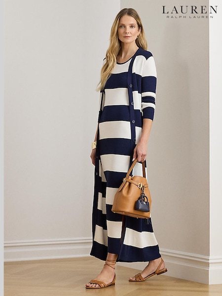 Lauren Ralph Lauren Blue Hejaji Long Button Up Gold Details Cardigan (V06054) | £285