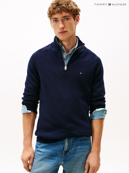 Tommy Hilfiger Blue Pure Lambswool Half-Zip Jumper (V06117) | £160