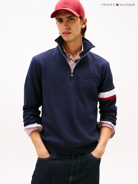 Tommy Hilfiger Blue Quarter-Zip Embossed Logo Jumper (V06121) | £140