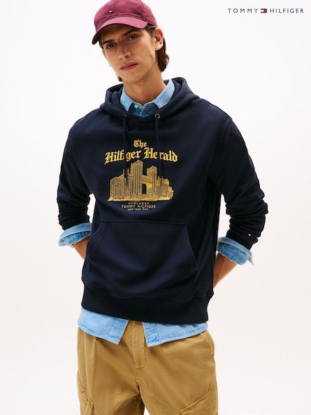 Tommy Hilfiger Blue Logo Embroidery Relaxed Drawstring Hoodie (V06139) | £160
