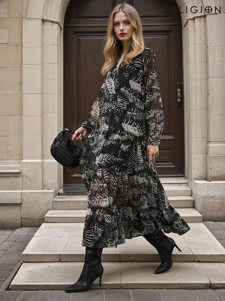 Religion Black Loose Zoe Maxi Dress In Monochrome Floral Print (V06155) | £105