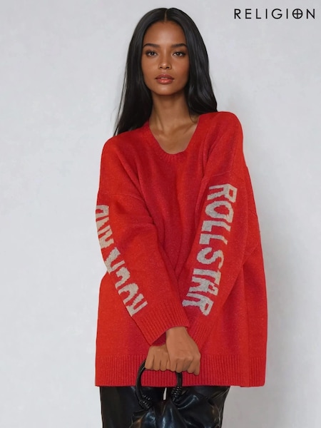 Religion Red Oversized Rock N Roll Star Jumper In Pop Colours (V06156) | £90