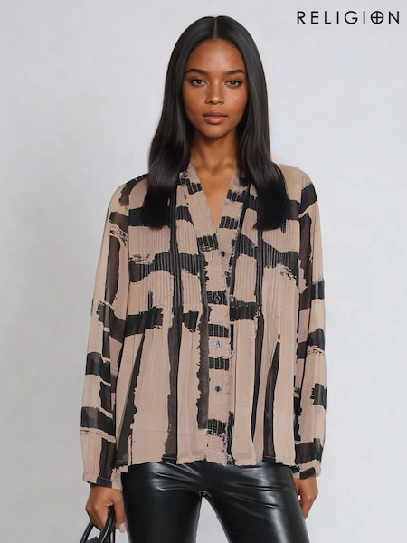 Religion Brown Carolina Shirt With Frill Collar In Abstract Stripe (V06159) | £70