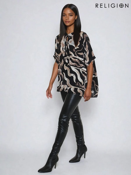 Religion Black Oversized Glory Tunic Shirt In Brown Abstract Print (V06170) | £65