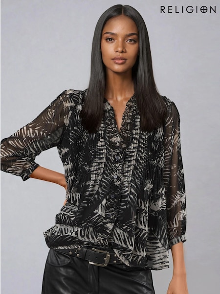 Religion Black Carolina Shirt With Frill Collar In Monochrome Leaf Print (V06172) | £70